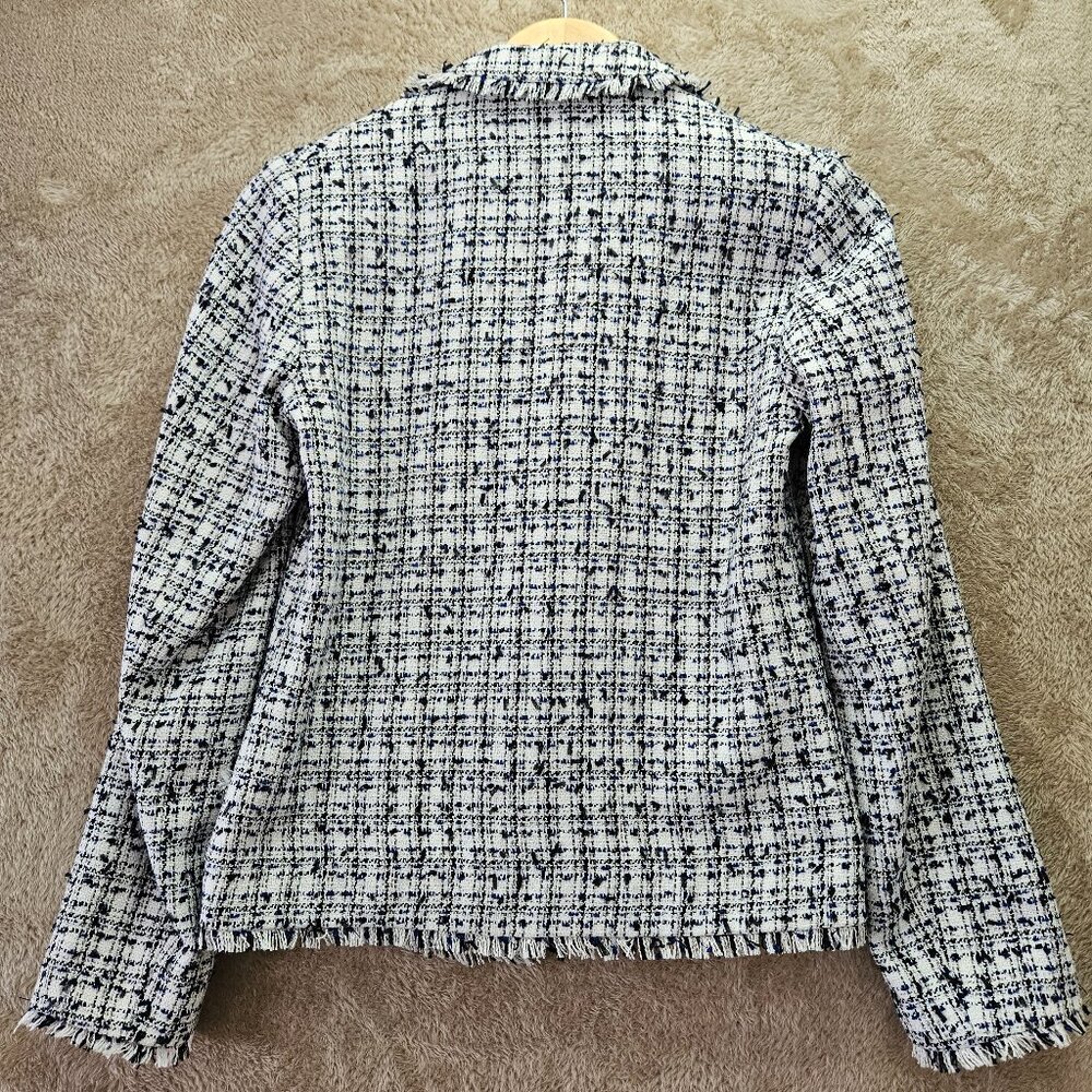 H&M Textured Tweed White Blue Weave Blazer Jacket Women's Size 4 - Picture 2 of 6